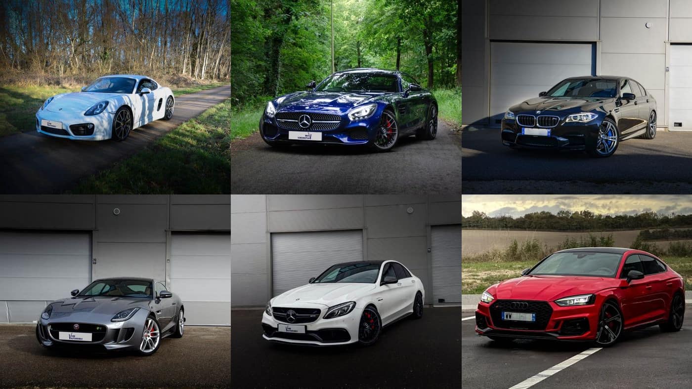 Mosaïque de véhicules déjà livrés par Vivre l'Automobile : Porsche Cayman S, Mercedes-AMG GTS, BMW M5, Jaguar F-Type R, Mercedes C 63 S et Audi RS5